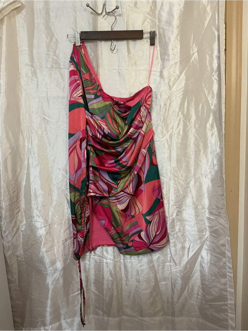 Pink Floral-Print Asymmetrical One-Shoulder Dress